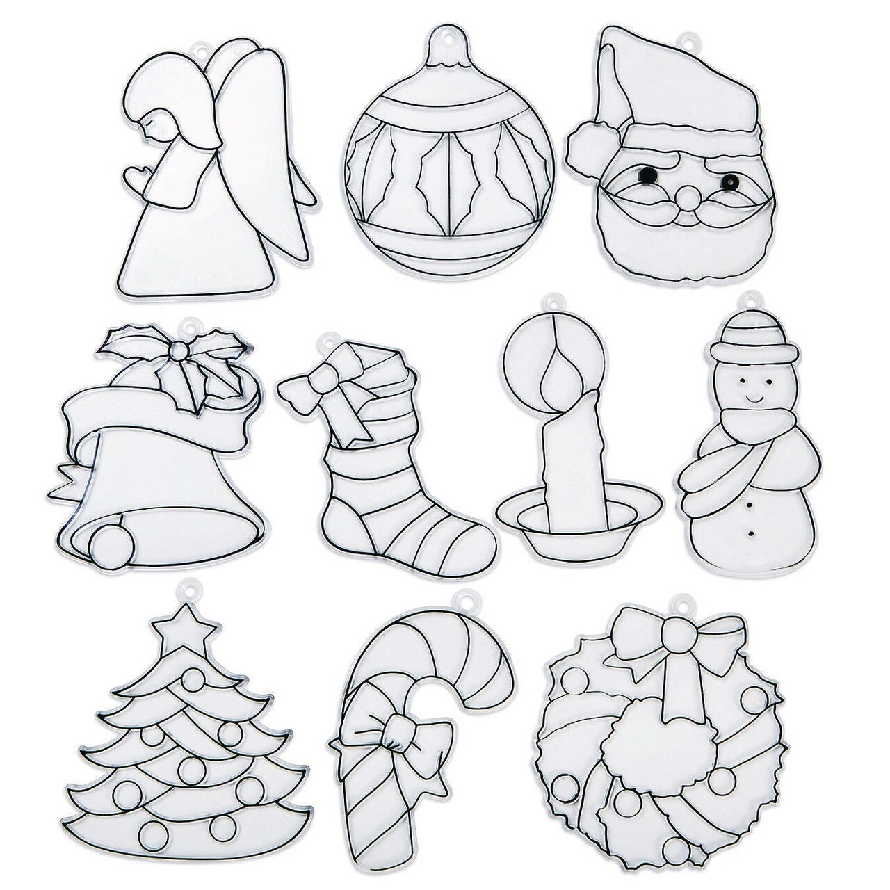 S&S Worldwide Christmas Sun Catchers. 10 Assorted Suncatcher Designs: Santa, Candy Cane, Angel, Wreath, Snowman & More, Clear Plastic, Use Markers or Glass Stain, Kids Crafts, Up to 4" H, Pack of 10.